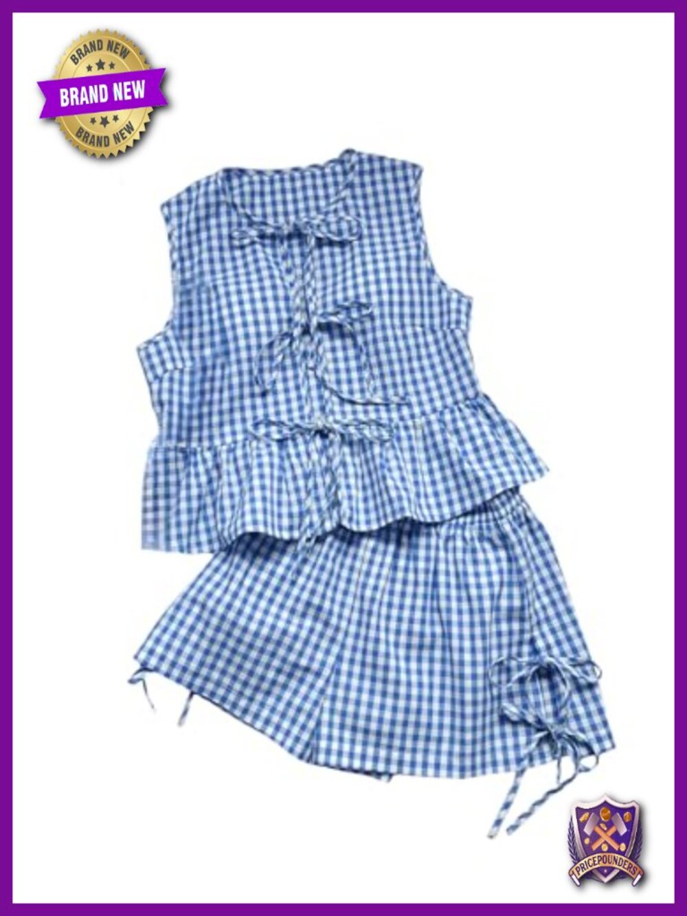 Gingham Two Piece Shorts Set Sleeveless Tank Top Ruffled Bow Accent